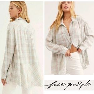 *NEW* Free People Lela Plaid Buttondown Metallic Tunic Shirt Oversized Ivory Top